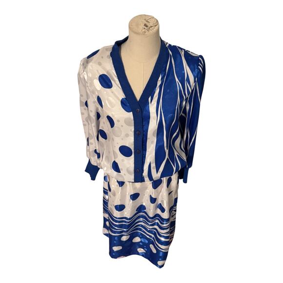 Anthony Sicari Vintage Two Piece Skirt Set Blue White Polka Dot USA Size 10 - Picture 3 of 15